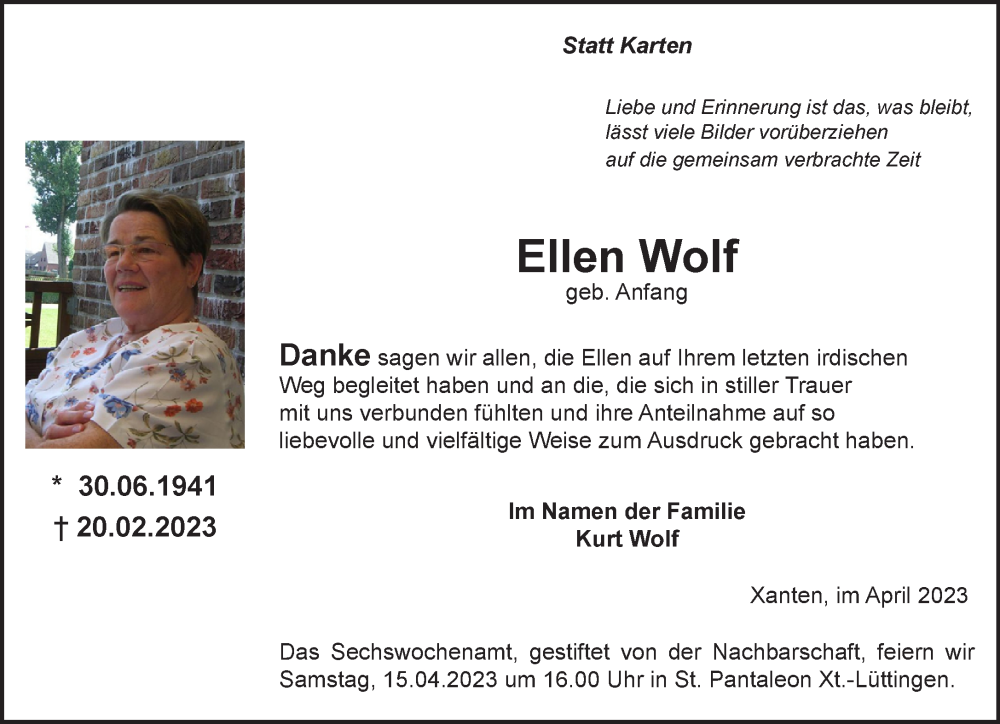  Traueranzeige für Ellen Wolf vom 08.04.2023 aus 