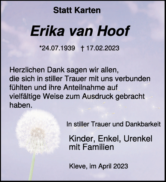 Traueranzeige von Erika van Hoof 