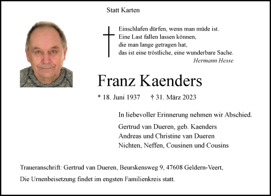 Traueranzeige von Franz Kaenders 