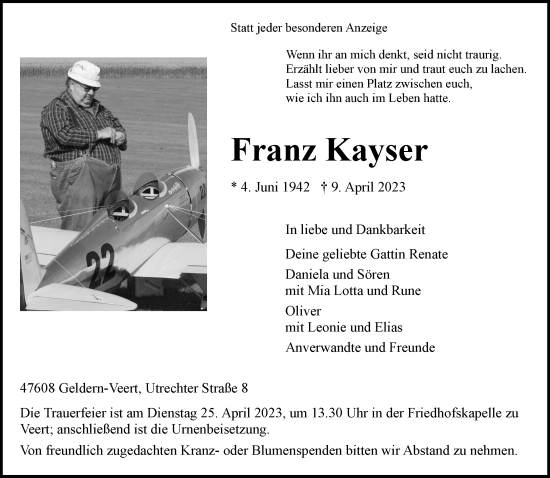 Traueranzeige von Franz Kayser 