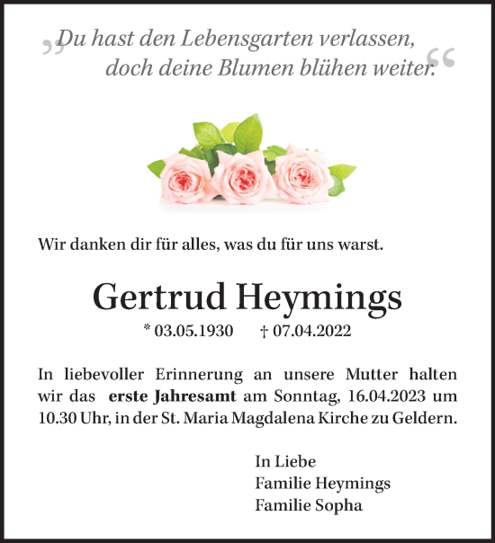 Traueranzeige von Gertrud Heymings 