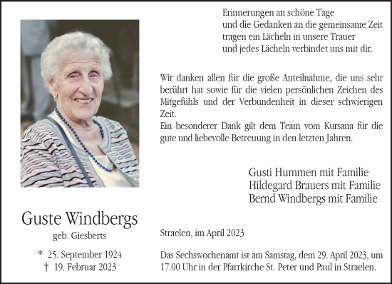 Traueranzeige von Guste Windbergs 
