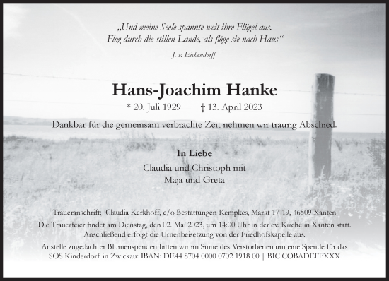 Traueranzeige von Hans-Joachim Hanke 
