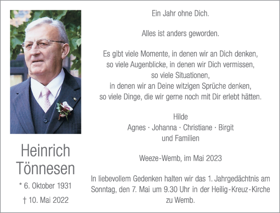 Traueranzeige von Heinrich Tönnesen 