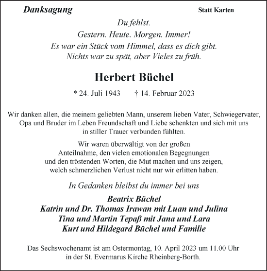 Traueranzeige von Herbert Büchel 