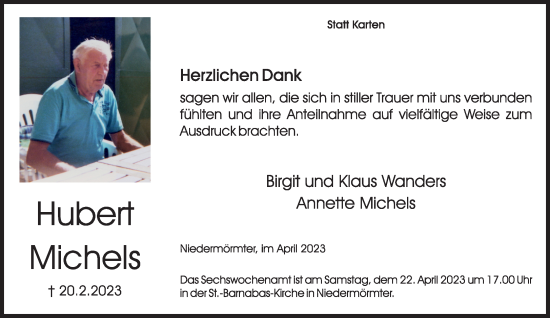 Traueranzeige von Hubert Michels 