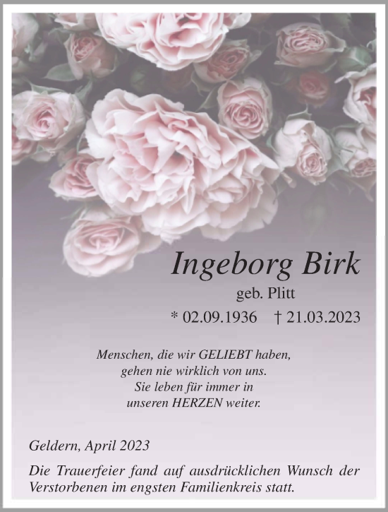 Traueranzeige von Ingeborg Birk 