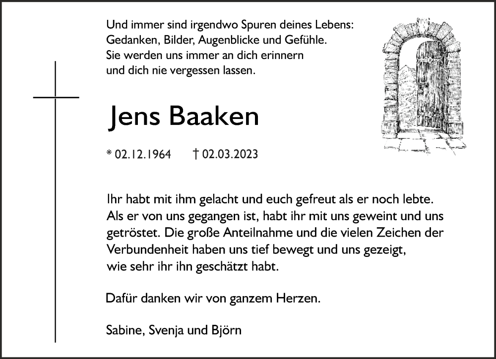  Traueranzeige für Jens Baaken vom 22.04.2023 aus 