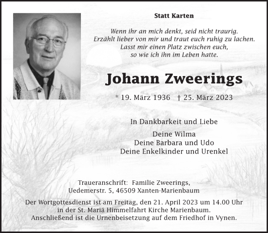Traueranzeige von Johann Zweerings 