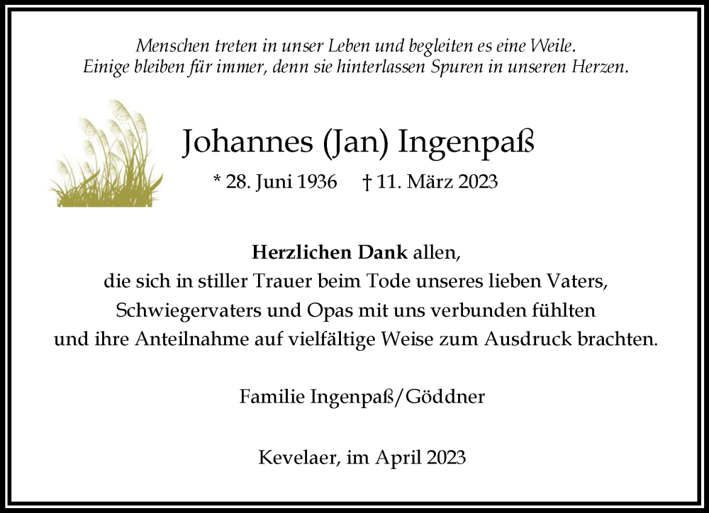  Traueranzeige für Johannes  Ingenpaß vom 15.04.2023 aus 