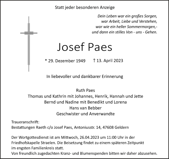 Traueranzeige von Josef Paes 