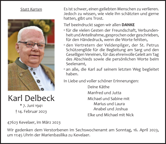 Traueranzeige von Karl Delbeck 