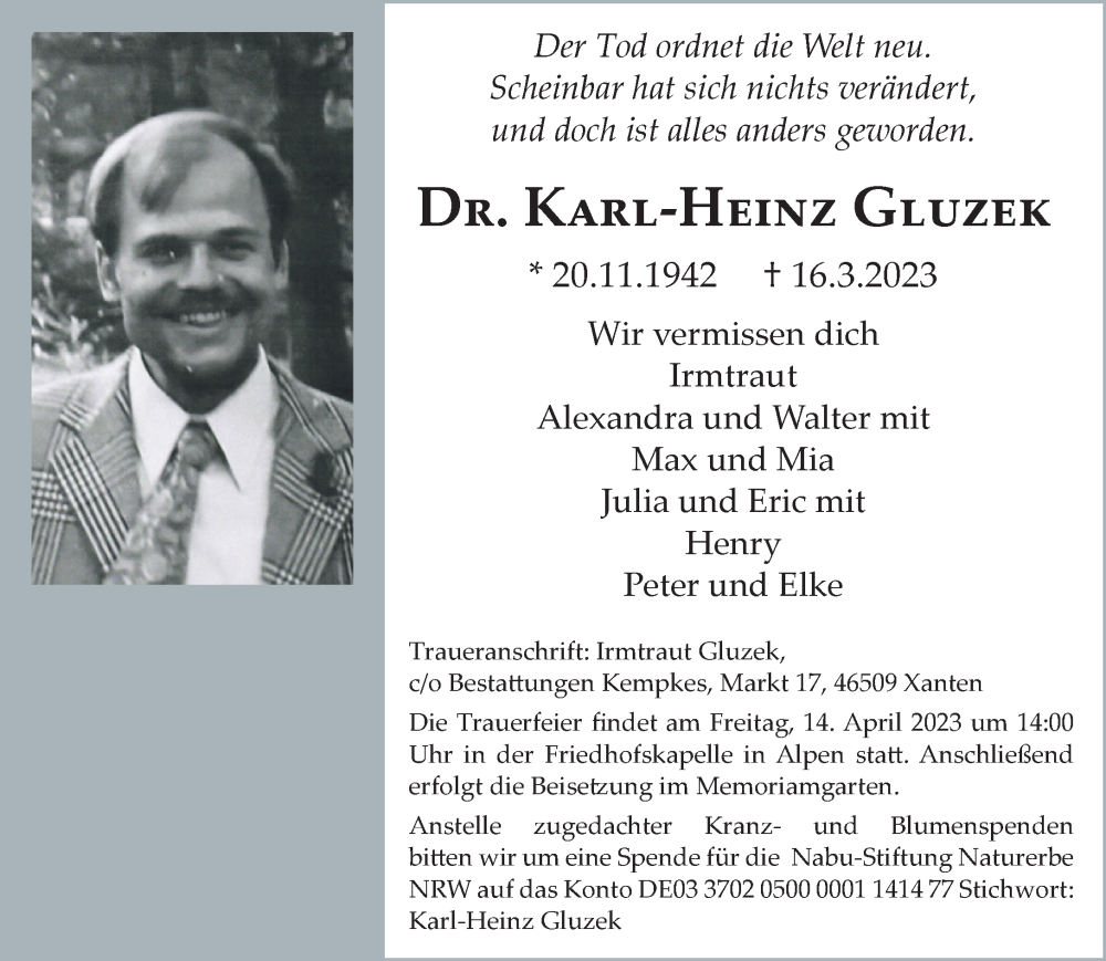  Traueranzeige für Karl-Heinz Gluzek vom 08.04.2023 aus 