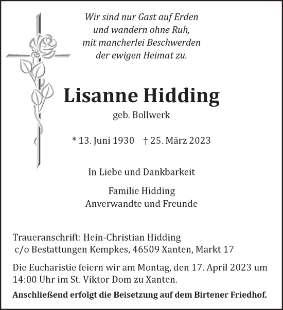 Traueranzeige von Lisanne Hidding 