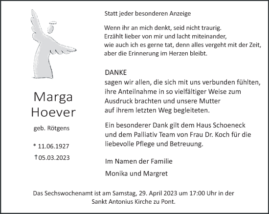 Traueranzeige von Marga Hoever 