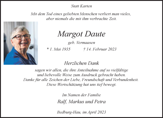 Traueranzeige von Margot Daute 