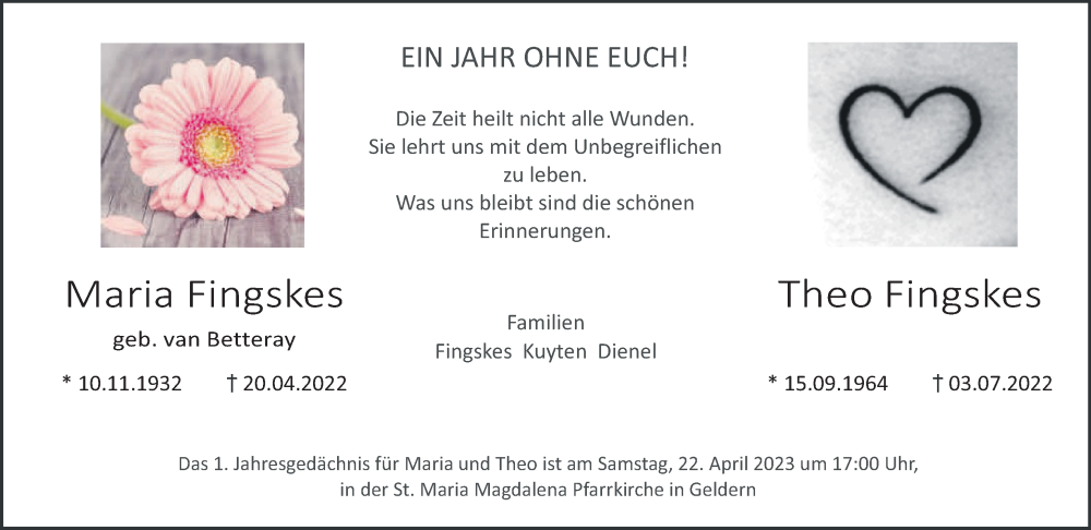  Traueranzeige für Maria und Theo Fingskes vom 15.04.2023 aus 