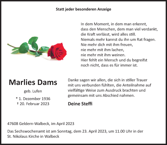 Traueranzeige von Marlies Dams 
