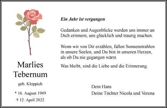 Traueranzeige von Marlies Tebernum 
