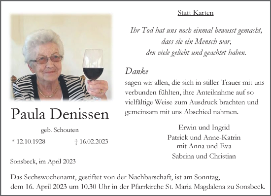 Traueranzeige von Paula Denissen 