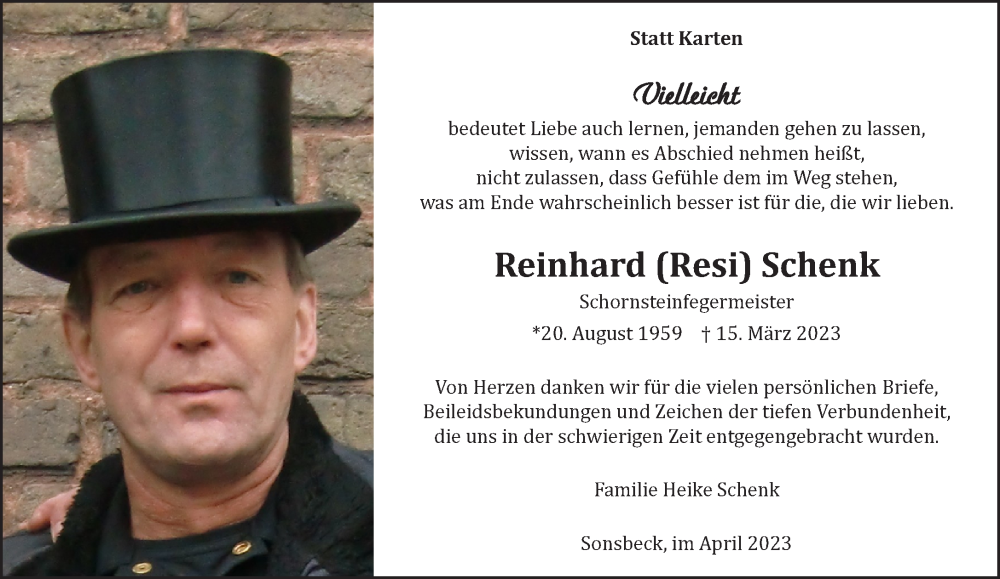  Traueranzeige für Reinhard  Schenk vom 12.04.2023 aus 