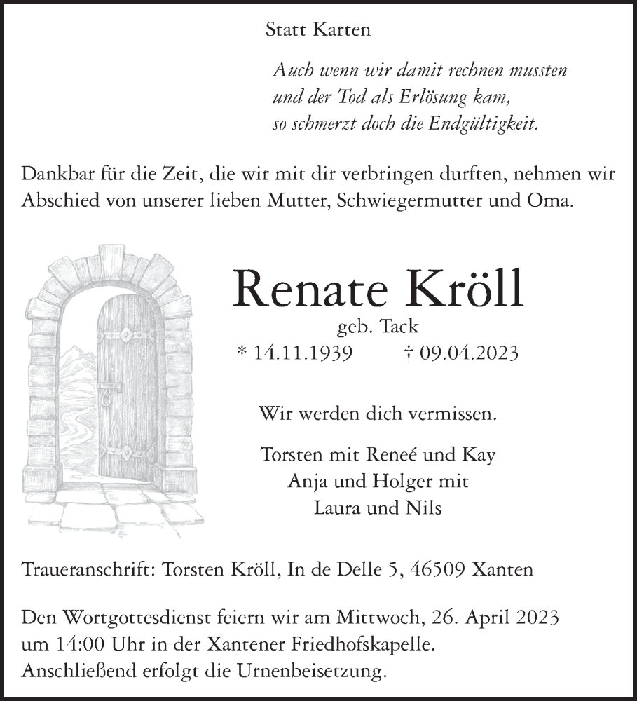  Traueranzeige für Renate Kröll vom 22.04.2023 aus 