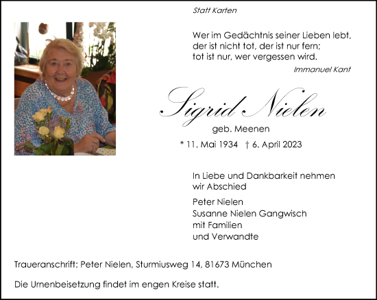Traueranzeige von Sigrid Nielen 