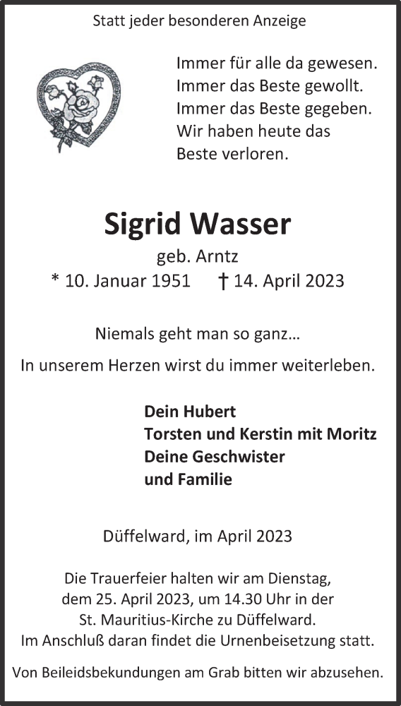 Traueranzeige für Sigrid Wasser vom 19.04.2023 aus 