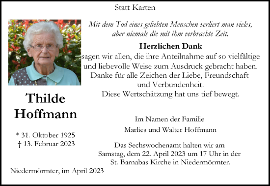 Traueranzeige von Thilde Hoffmann 