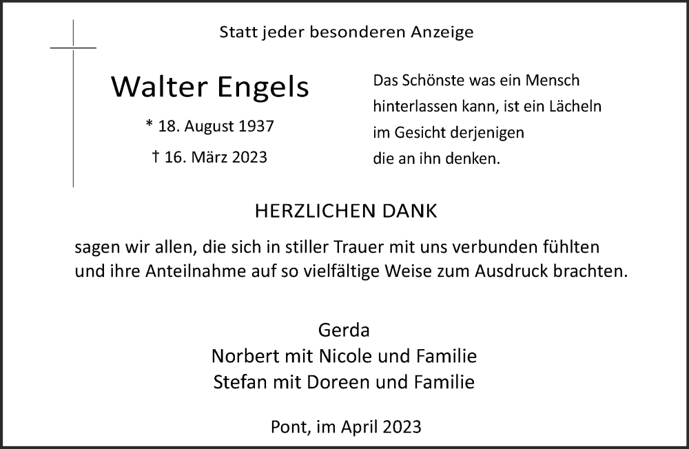  Traueranzeige für Walter Engels vom 29.04.2023 aus 