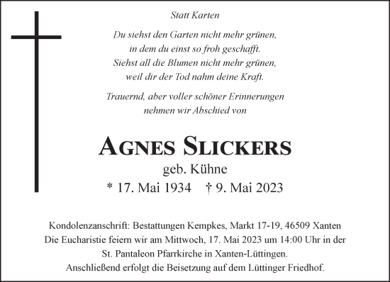 Traueranzeige von Agnes Slickers 