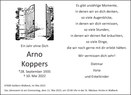Traueranzeige von Arno Koppers 