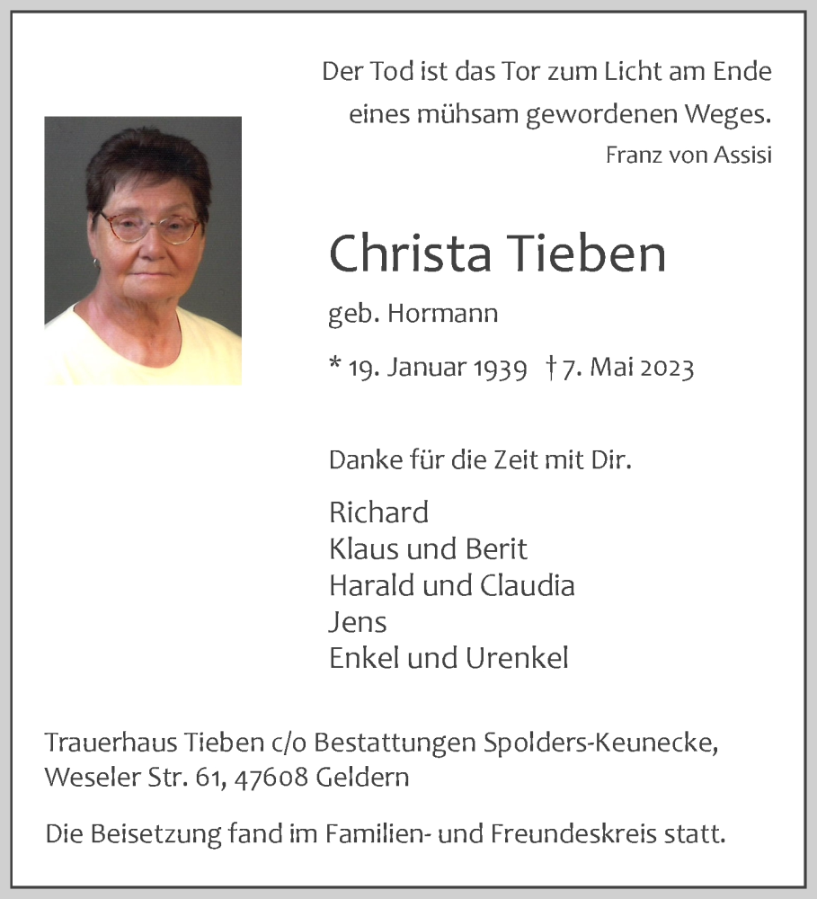  Traueranzeige für Christa Tieben vom 27.05.2023 aus 