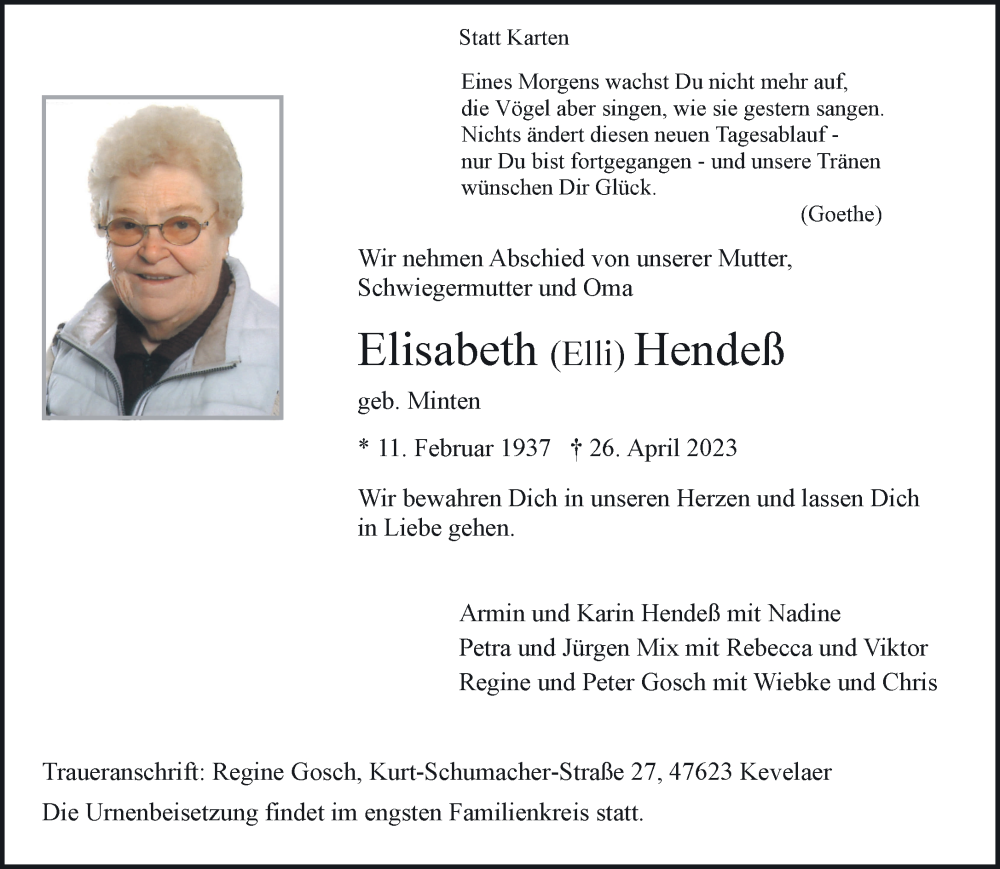  Traueranzeige für Elisabeth Hendeß vom 06.05.2023 aus 