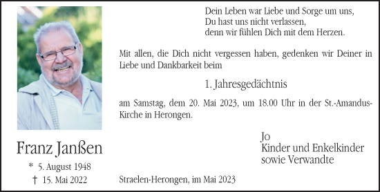 Traueranzeige von Franz Janßen 