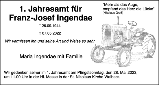 Traueranzeige von Franz-Josef Ingedae 