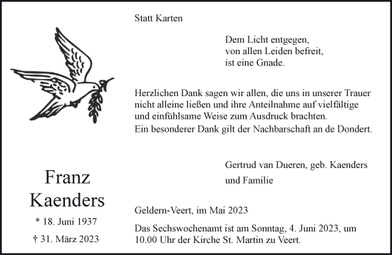 Traueranzeige von Franz Kaenders 