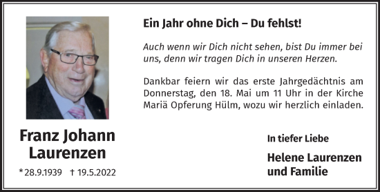 Traueranzeige von Franz Johann Laurenzen 