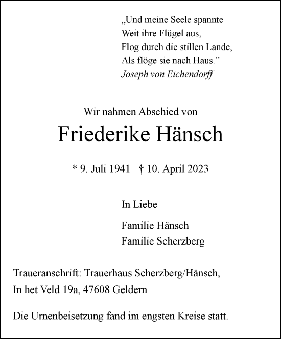 Traueranzeige von Friederke Hänsch 