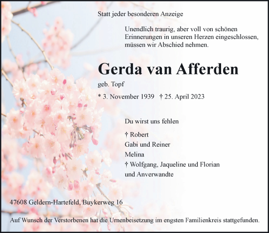 Traueranzeige von Gerda van Afferden 
