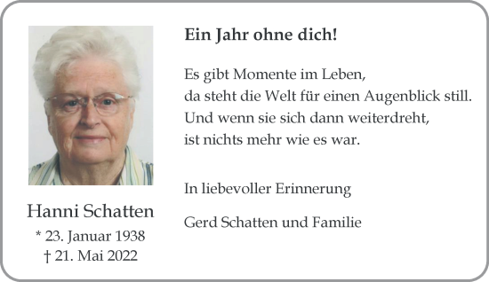 Traueranzeige von Hanni Schatten 
