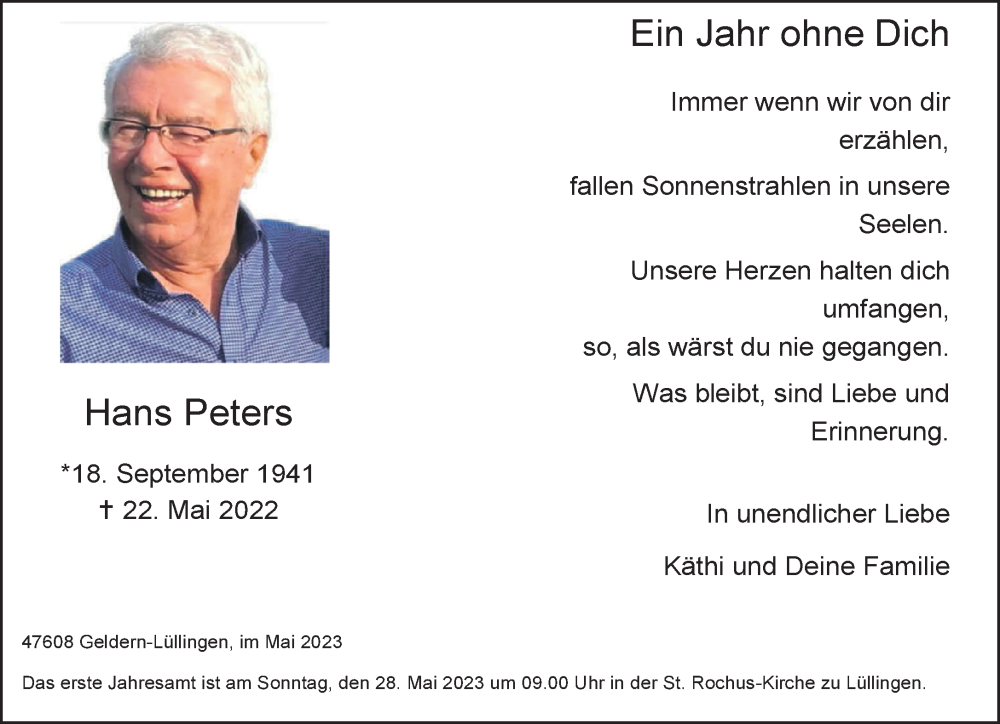  Traueranzeige für Hans Peters vom 20.05.2023 aus 