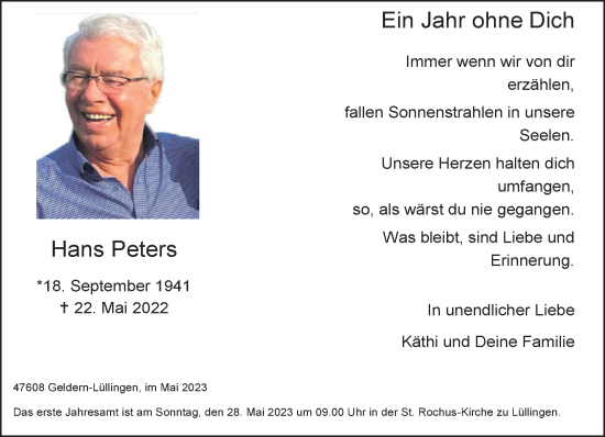 Traueranzeige von Hans Peters 