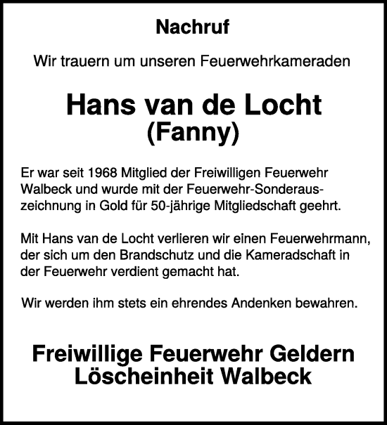 Traueranzeige von Hans van de Locht 