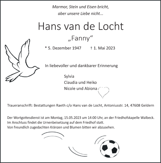 Traueranzeige von Hans van de Locht 