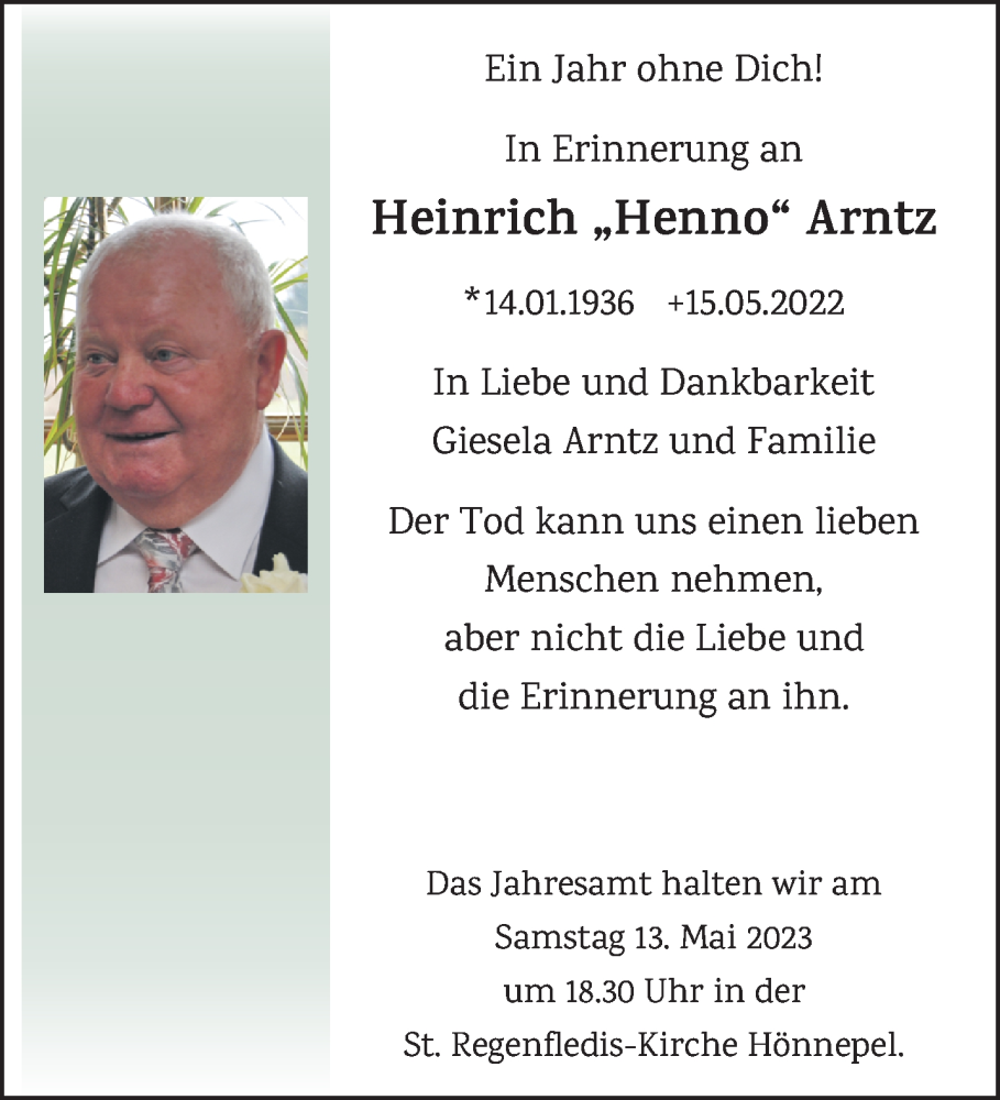 Traueranzeige für Heinrich Arntz vom 06.05.2023 aus 