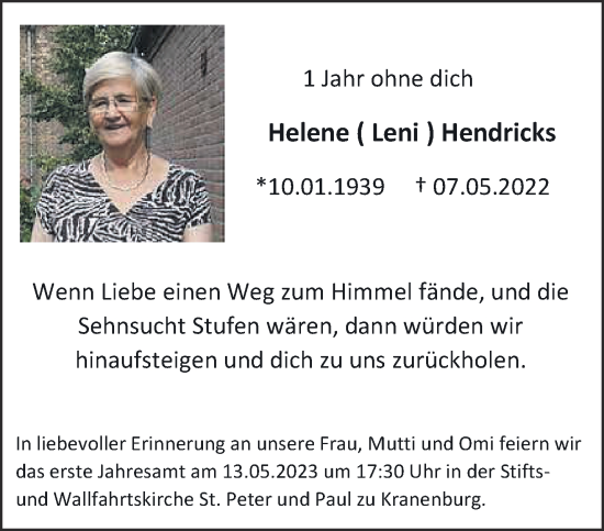 Traueranzeige von Helene Hendricks 