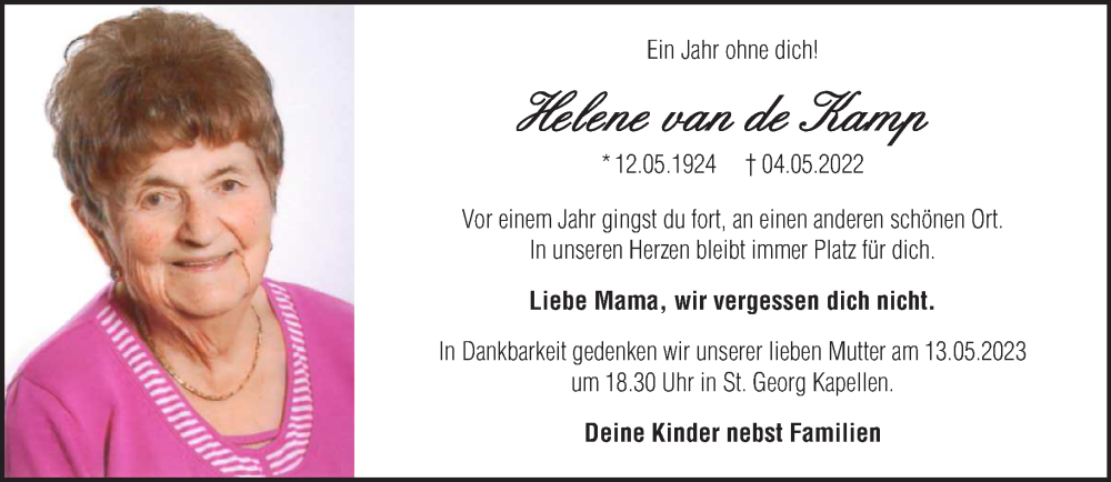  Traueranzeige für Helene van de Kamp vom 10.05.2023 aus 