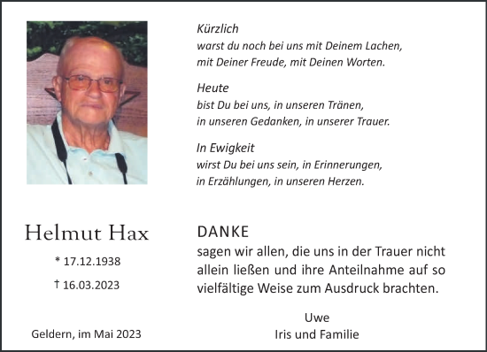 Traueranzeige von Helmut Hax 