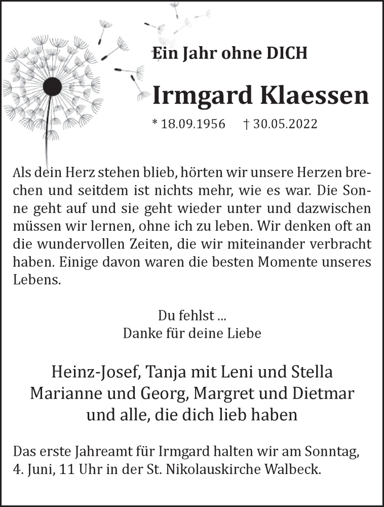  Traueranzeige für Irmgard Klaessen vom 27.05.2023 aus 